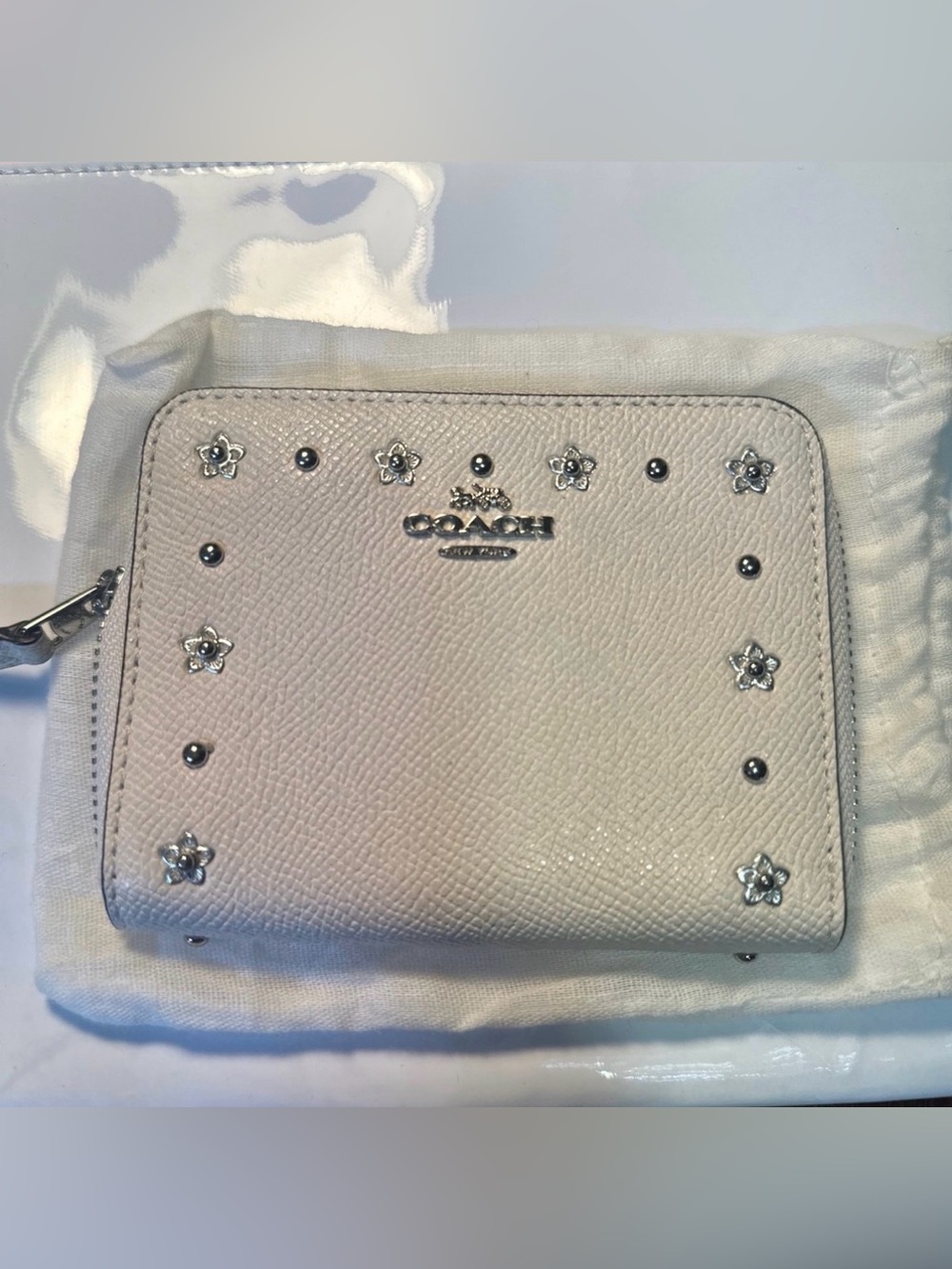 Coach Cream Leather Floral Stud Zip Wallet with Silver Accents